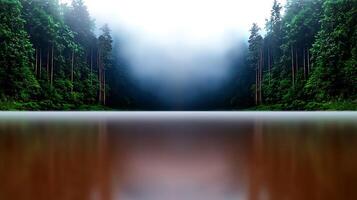 A lake surrounded by trees and fog photo