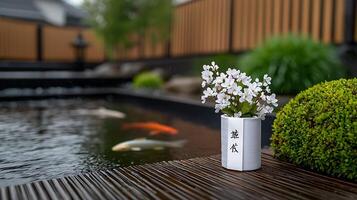 A vase with flowers sitting on a wooden table photo
