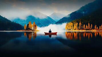 A man in a boat on a lake surrounded by mountains photo