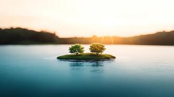 Two trees on an island in the middle of a lake photo