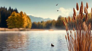 A lake with reeds and birds in the background photo