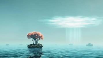A tree on an island in the ocean with a cloud in the sky photo