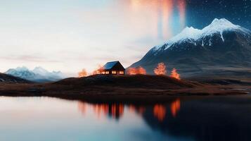 A house on a small island with a mountain in the background photo