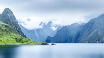 A mountain range is in the distance with a lake photo
