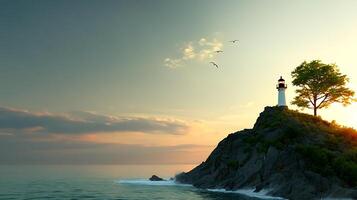 A lighthouse on a rocky island with birds flying over it photo
