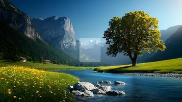 A beautiful mountain landscape with a river and a tree photo