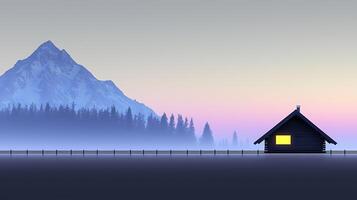 A small cabin in the mountains with a mountain in the background photo