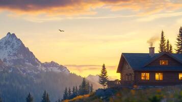 A log cabin in the mountains at sunset photo
