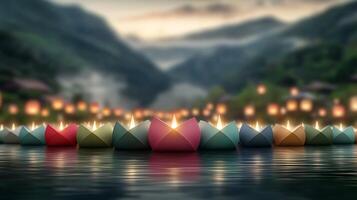 Paper lanterns floating in the water with mountains in the background photo