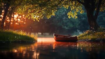 A boat is floating in the water near a tree photo