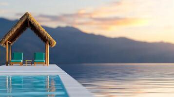A wooden dock with two chairs and a thatched hut photo