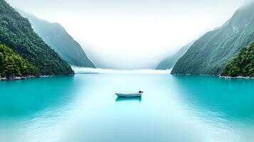 A boat floating in a lake surrounded by mountains photo
