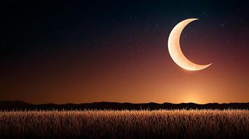 A crescent moon is seen in the sky over a field photo