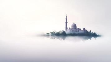 A mosque in the fog with trees and water photo