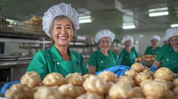 A woman in a green uniform is smiling while holding a tray of doughnuts photo