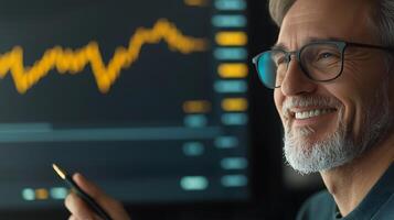 A man with glasses and a beard is looking at a stock chart photo