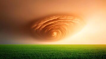 A tornado is seen in the sky over a field photo