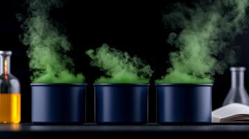 Three green bottles with smoke coming out of them photo