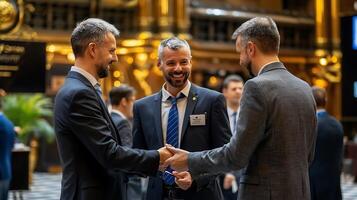 Three men shaking hands at a business event photo