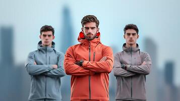 Three men in different colors of jackets standing in front of a city photo