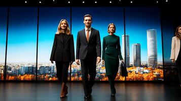 Three people in suits walking on a stage with a city in the background photo