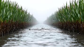 A river with tall grass and ducks in it photo
