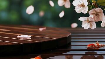 A table with a flower and a fish on it photo