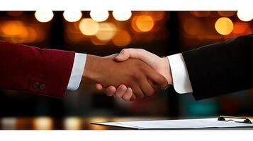 Two people shaking hands over a piece of paper photo