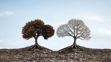 Two trees with roots growing out of the ground photo