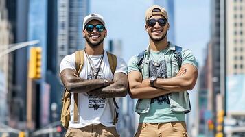 Two young men standing in front of a city photo