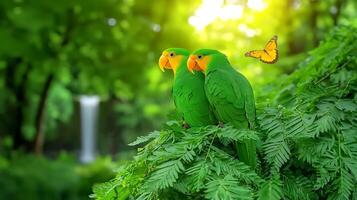 Two green parrots perched on a tree branch with a butterfly photo