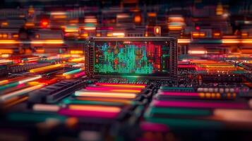A computer chip on top of a computer motherboard photo