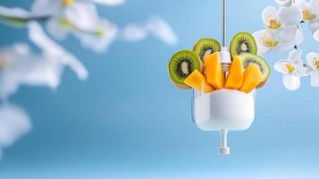 A white container with sliced fruit hanging from it photo