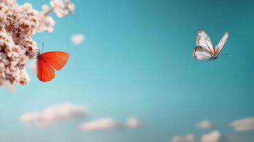 Two butterflies are flying over a flower branch photo