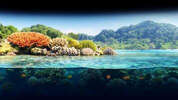 An underwater scene with coral reefs and fish photo