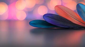 Colorful feathers on a table with a blurred background photo