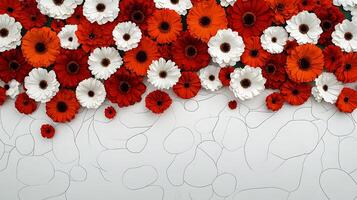A bunch of red and white flowers are arranged on a white background photo
