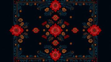 A square pattern with red flowers on a black background photo