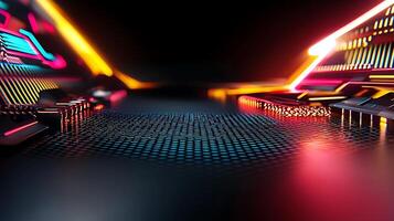 A futuristic computer motherboard with neon lights photo
