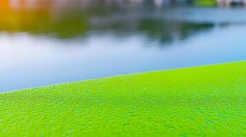 A green surface next to a body of water photo