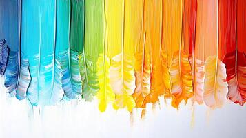 A rainbow colored paint splattered on a white wall photo
