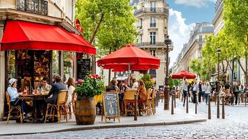 A street with people sitting at tables and eating outside photo