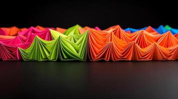 A group of colorful folded paper is arranged on a black surface photo
