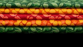 A stack of colorful fabric with leaves on it photo