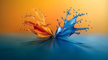 Two colorful water drops splashing on a yellow background photo