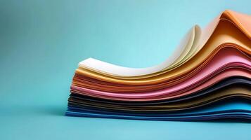 A stack of colorful paper on a blue background photo