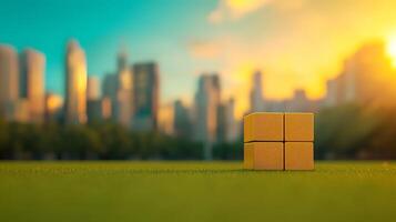 A wooden cube sitting on the grass in front of a city photo