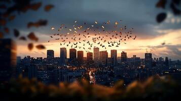 A city with many buildings and birds flying in the air photo