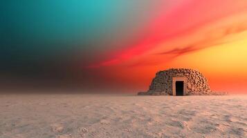 A small building in the desert with a colorful sky photo
