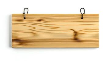 Wooden signboard with natural grain pattern hanging on hooks against a plain background photo